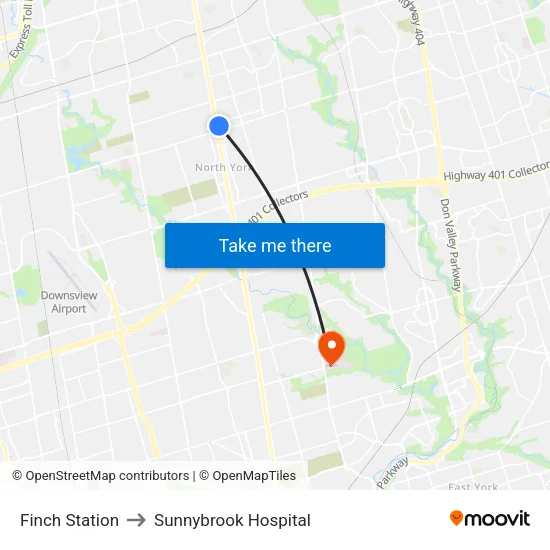 Finch Station to Sunnybrook Hospital map