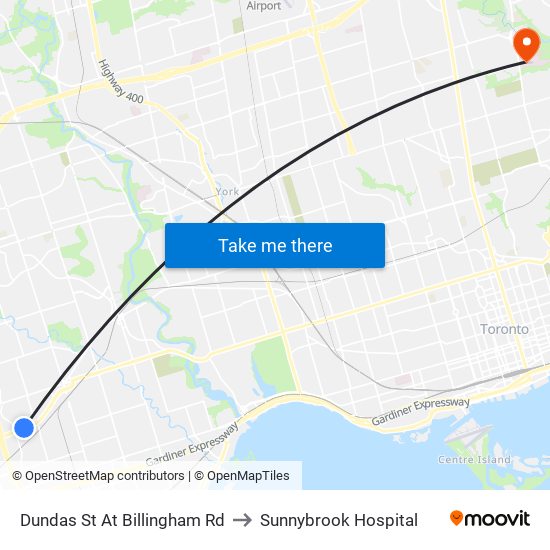 Dundas St At Billingham Rd to Sunnybrook Hospital map