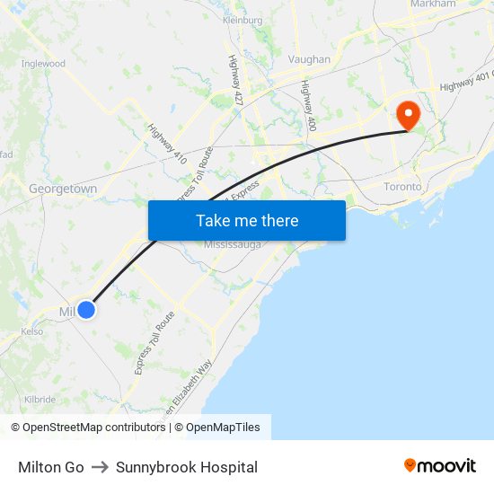 Milton Go to Sunnybrook Hospital map