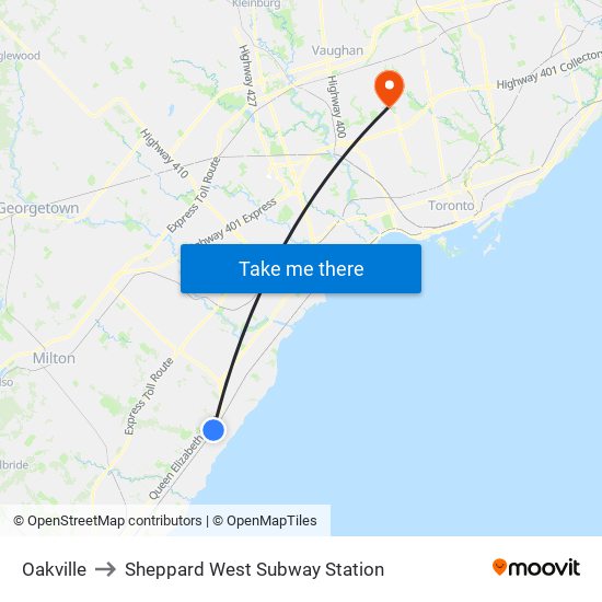 Oakville to Sheppard West Subway Station map