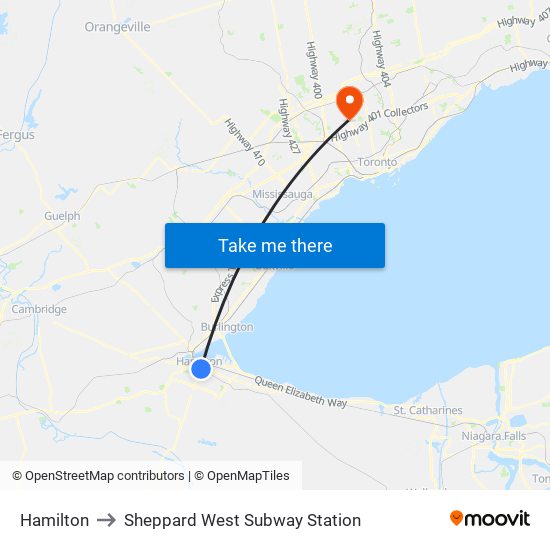 Hamilton to Sheppard West Subway Station map