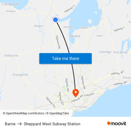 Barrie to Sheppard West Subway Station map