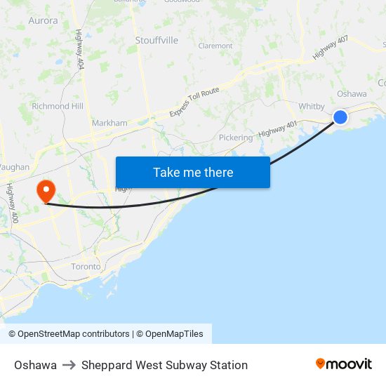 Oshawa to Sheppard West Subway Station map