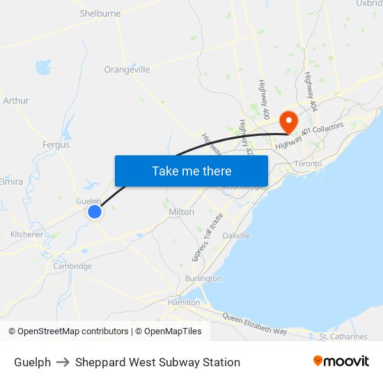 Guelph to Sheppard West Subway Station map