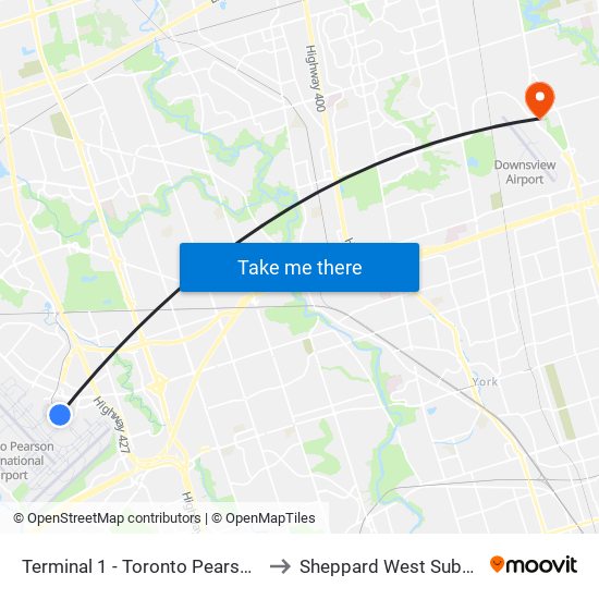 Terminal 1 - Toronto Pearson Int'L Airport to Sheppard West Subway Station map