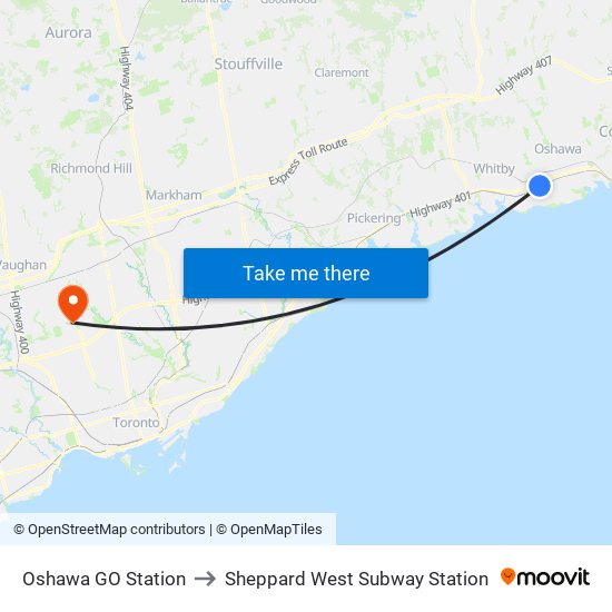 Oshawa GO Station to Sheppard West Subway Station map