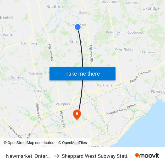 Newmarket, Ontario to Sheppard West Subway Station map