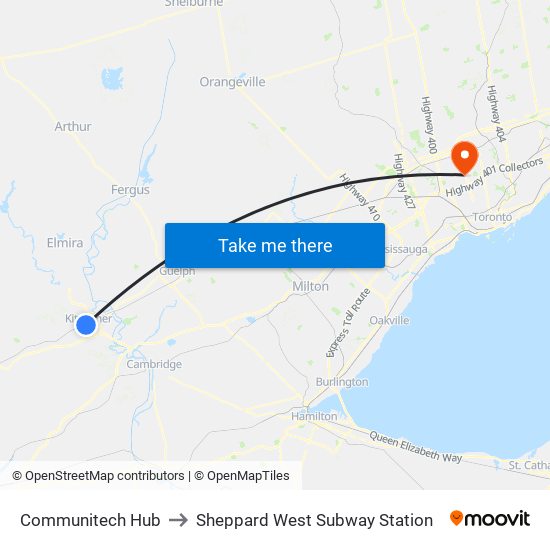 Communitech Hub to Sheppard West Subway Station map