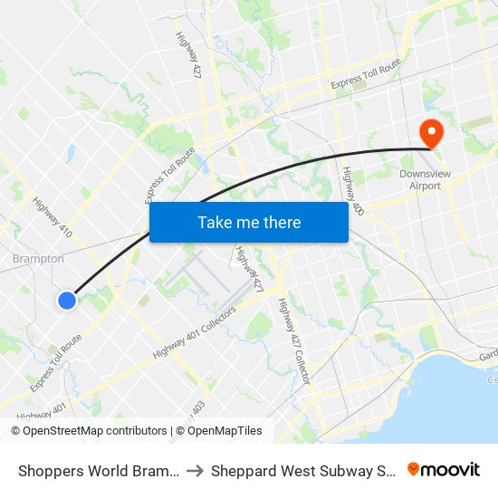 Shoppers World Brampton to Sheppard West Subway Station map