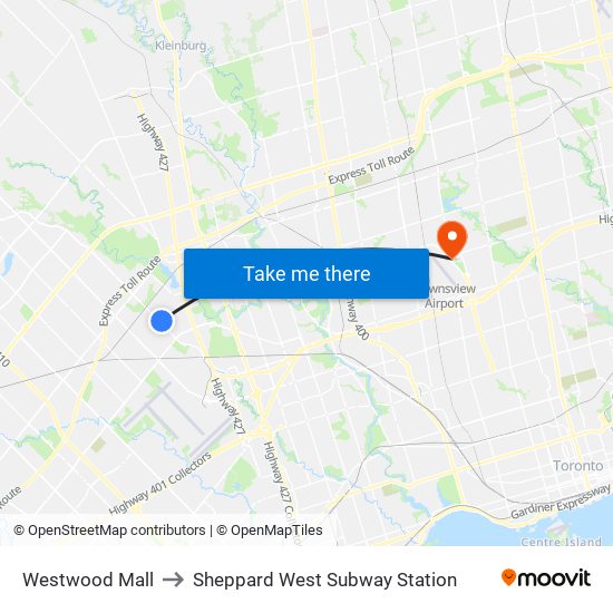 Westwood Mall to Sheppard West Subway Station map