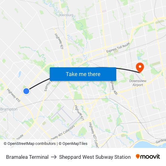 Bramalea Terminal to Sheppard West Subway Station map