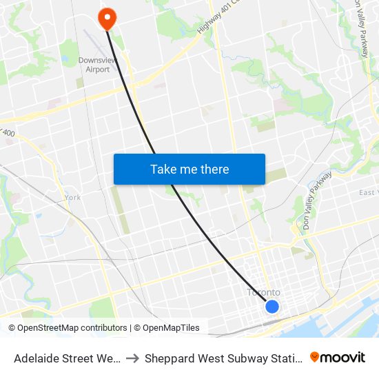 Adelaide Street West to Sheppard West Subway Station map