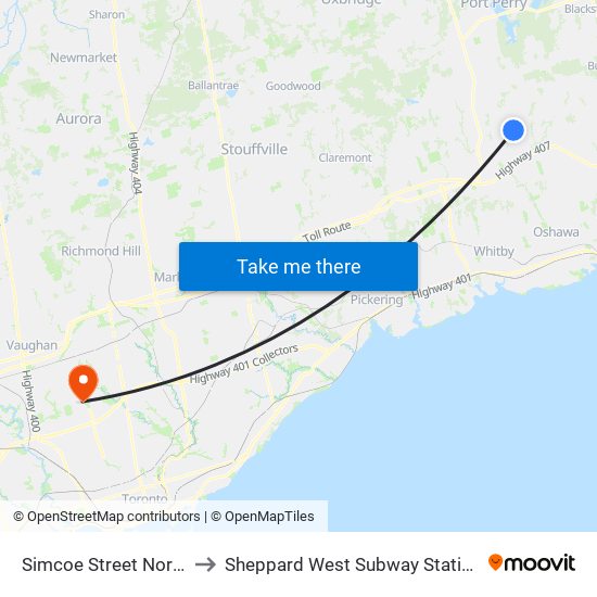 Simcoe Street North to Sheppard West Subway Station map