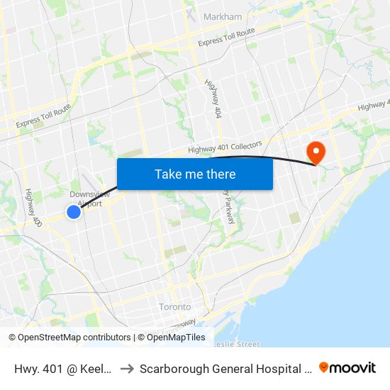 Hwy. 401 @ Keele St. to Scarborough General Hospital C D U map