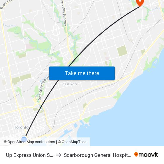 Up Express Union Station to Scarborough General Hospital C D U map