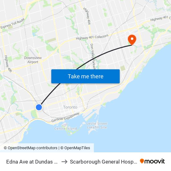 Edna Ave at Dundas St West to Scarborough General Hospital C D U map