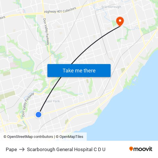 Pape to Scarborough General Hospital C D U map