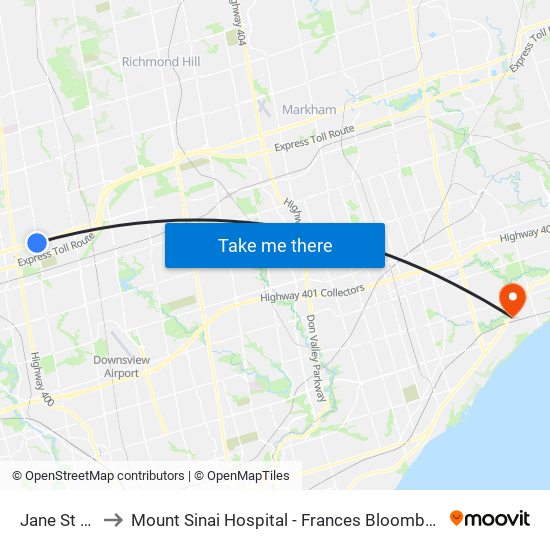 Jane St / Highway 7 to Mount Sinai Hospital - Frances Bloomberg Centre for Women's and Infants' Health map