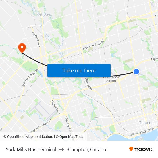 York Mills Bus Terminal to Brampton, Ontario map