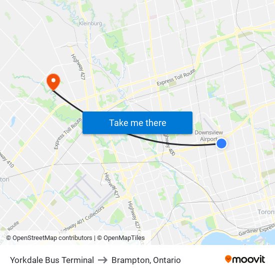 Yorkdale Bus Terminal to Brampton, Ontario map