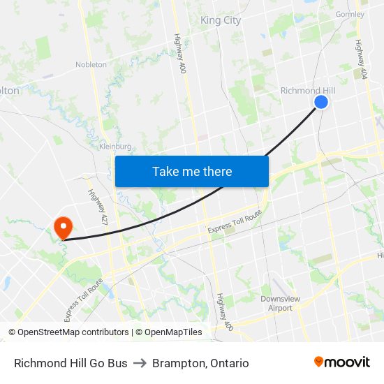 Richmond Hill Go Bus to Brampton, Ontario map