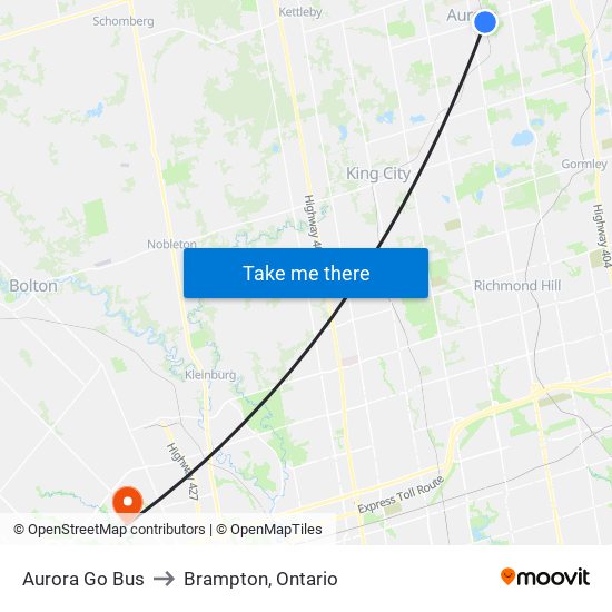 Aurora Go Bus to Brampton, Ontario map