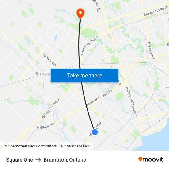 Square One to Brampton, Ontario map