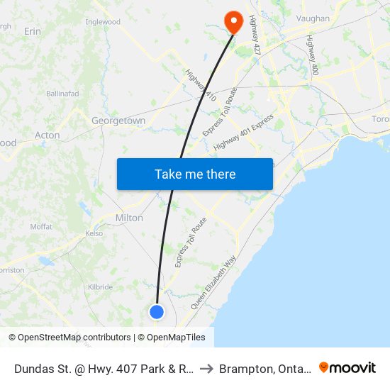 Dundas St. @ Hwy. 407 Park & Ride to Brampton, Ontario map