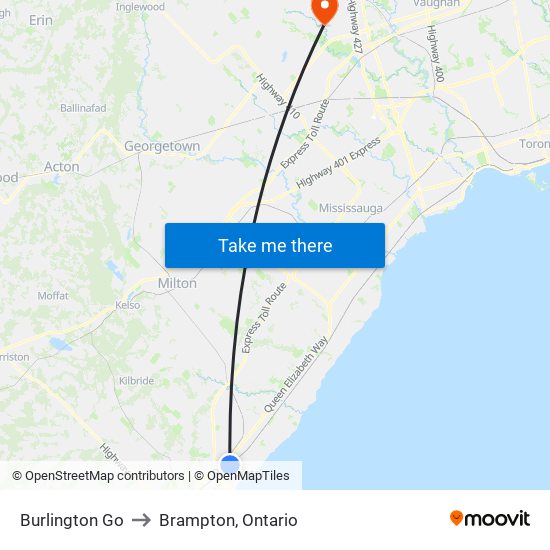 Burlington Go to Brampton, Ontario map