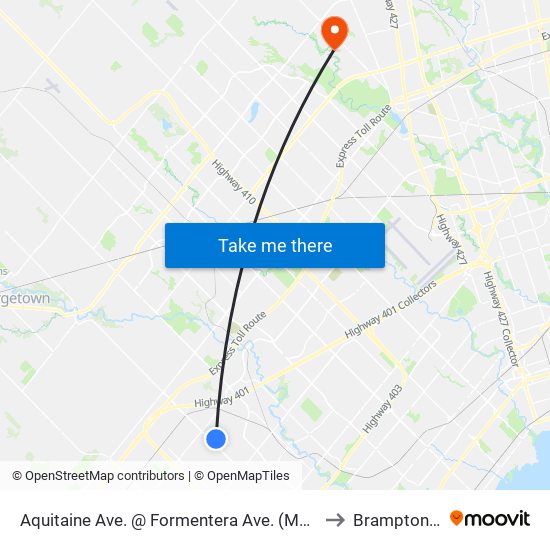 Aquitaine Ave. @ Formentera Ave. (Meadowvale Town Centre) to Brampton, Ontario map
