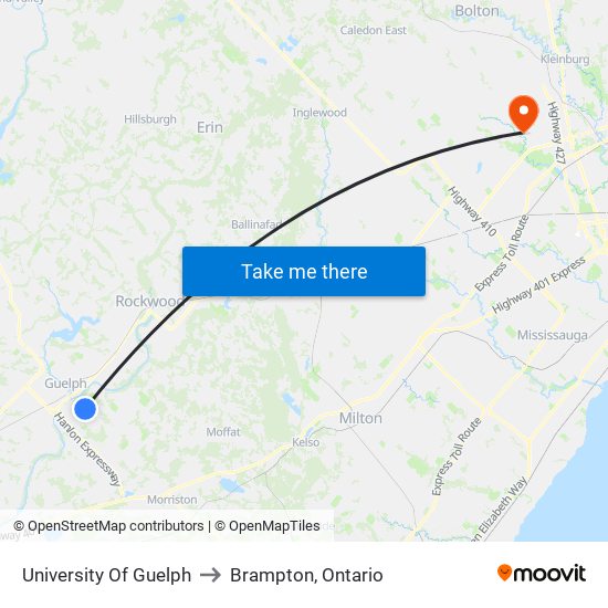 University Of Guelph to Brampton, Ontario map