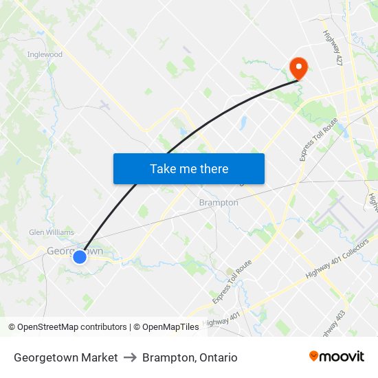 Georgetown Market to Brampton, Ontario map