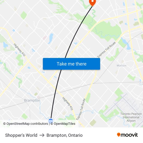 Shopper's World to Brampton, Ontario map