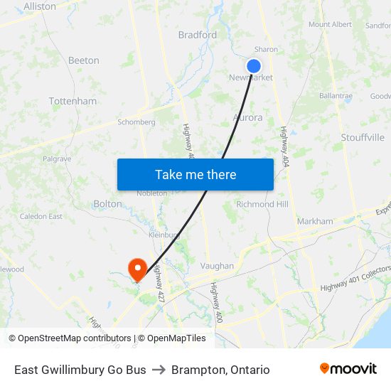 East Gwillimbury Go Bus to Brampton, Ontario map