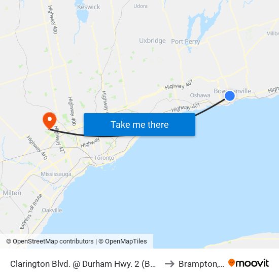 Clarington Blvd. @ Durham Hwy. 2 (Bowmanville) Park & Ride to Brampton, Ontario map