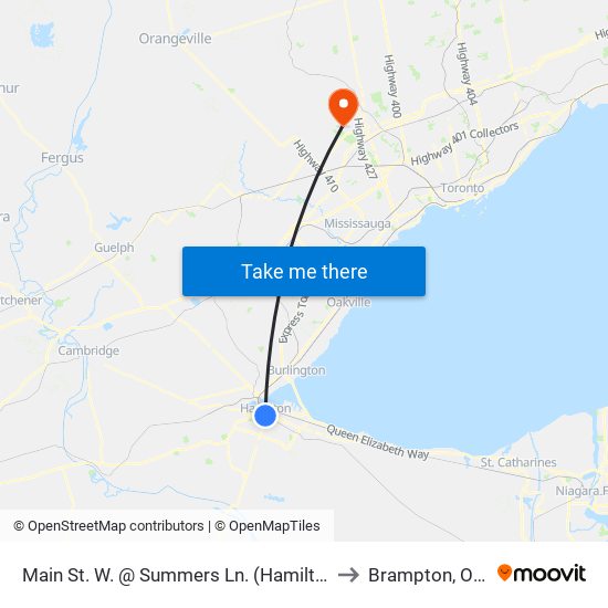 Main St. W. @ Summers Ln. (Hamilton City Hall) to Brampton, Ontario map