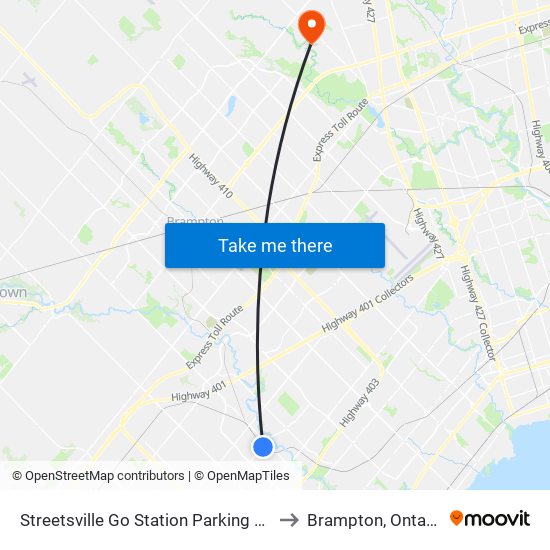 Streetsville Go Station Parking Lot to Brampton, Ontario map