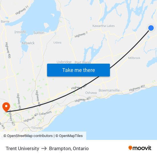 Trent University to Brampton, Ontario map