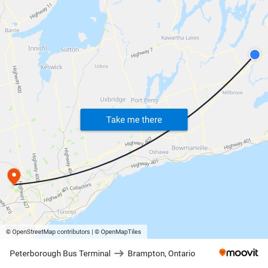 Peterborough Bus Terminal to Brampton, Ontario map