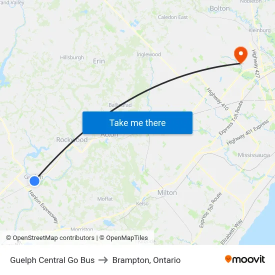 Guelph Central Go Bus to Brampton, Ontario map