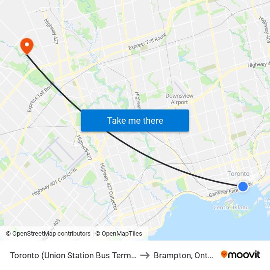 Toronto (Union Station Bus Terminal) to Brampton, Ontario map