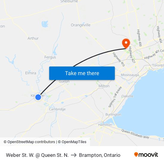Weber St. W. @ Queen St. N. to Brampton, Ontario map