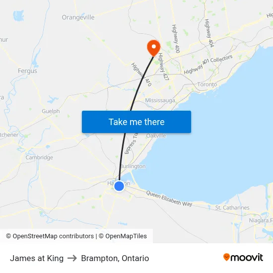 James at King to Brampton, Ontario map
