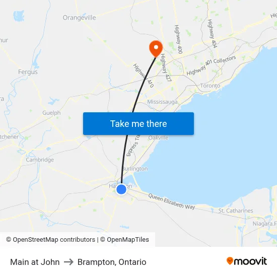 Main at John to Brampton, Ontario map