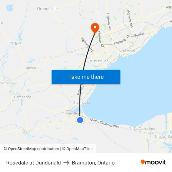Rosedale at Dundonald to Brampton, Ontario map