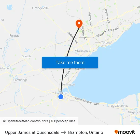 Upper James at Queensdale to Brampton, Ontario map