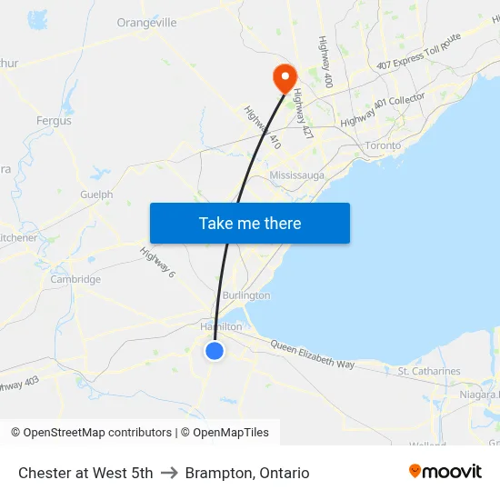 Chester at West 5th to Brampton, Ontario map