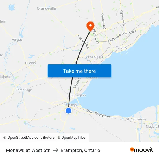 Mohawk at West 5th to Brampton, Ontario map