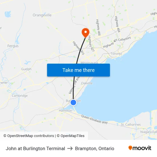 John at Burlington Terminal to Brampton, Ontario map