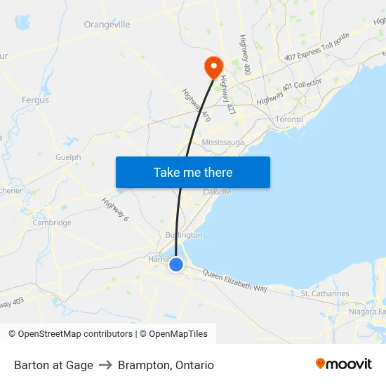 Barton at Gage to Brampton, Ontario map